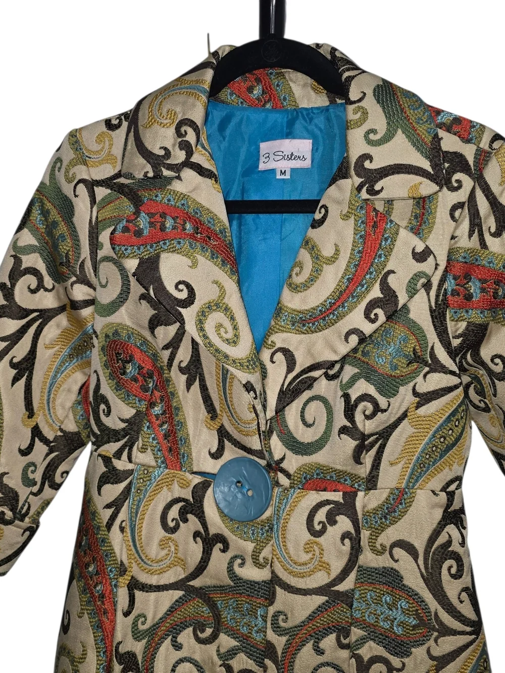 3 Sisters Paisley Tapestry Coat Jacket Medium Blue Button Lined Boho Chic